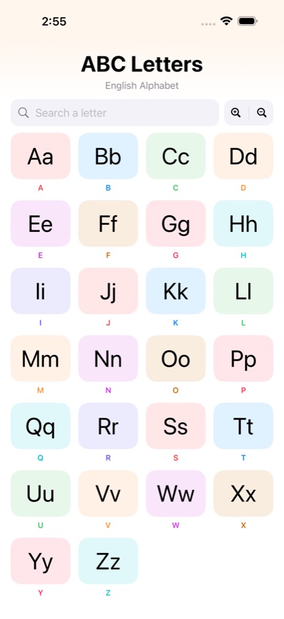 Qalam: ABC Handwriting screenshot: Letter grid from A to Z