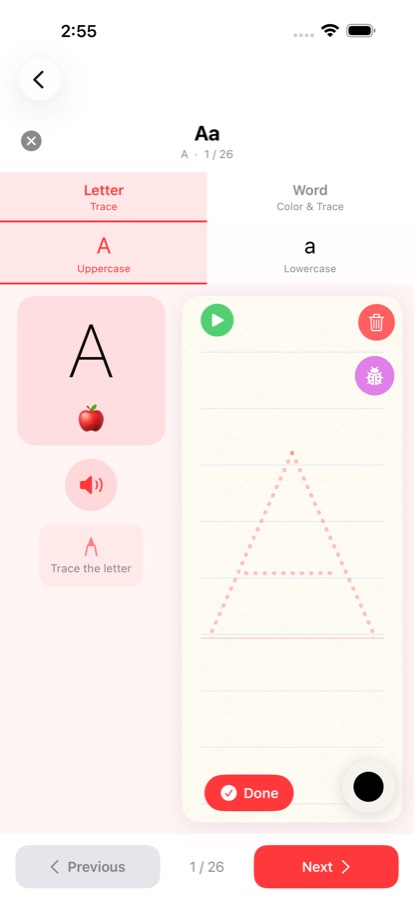 Qalam: ABC Handwriting screenshot: Tracing an uppercase A along a dotted guide