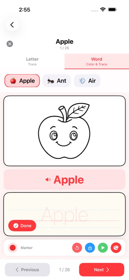 Qalam ABC: colouring and tracing the word Apple