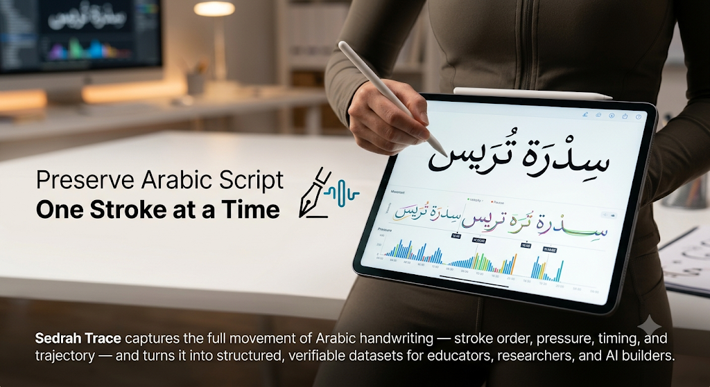 Sedrah Trace interface capturing Arabic handwriting stroke order, pressure, timing, and trajectory